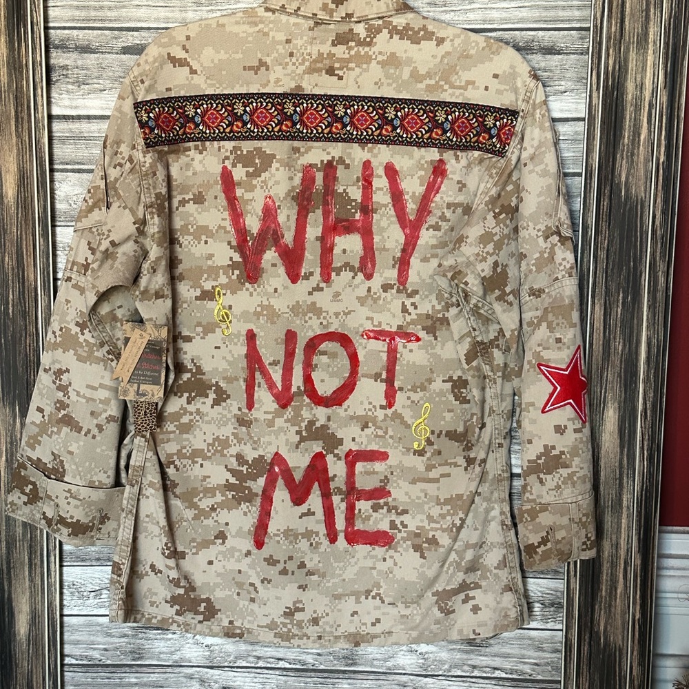 Vintage Authentic Recycled Camo Military Jacket Sequin Bling Gypsy Country Judd